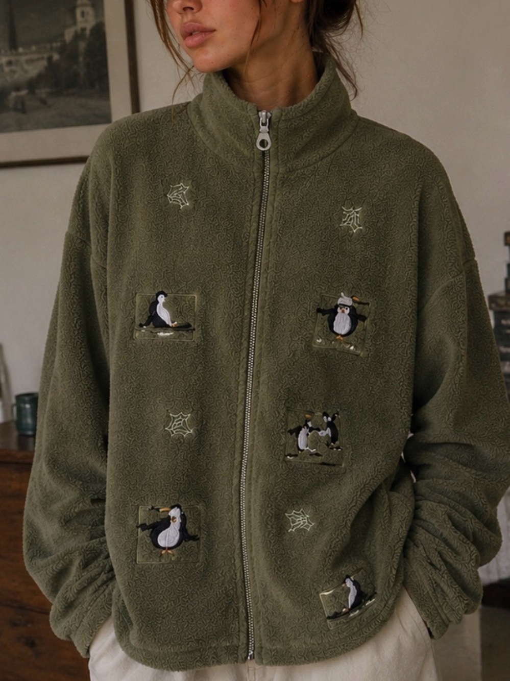 Vintage COTTAGE COVE Olive Green Embroidered Penguin Fleece Zip-Up Sweater